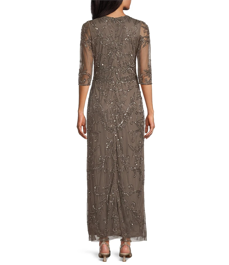 Pisarro Nights Mesh 3/4 Sleeve Beaded Column Gown