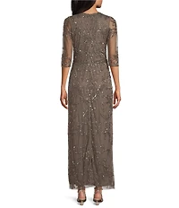 Pisarro Nights Mesh 3/4 Sleeve Beaded Column Gown