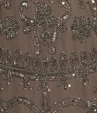 Pisarro Nights Mesh 3/4 Sleeve Beaded Column Gown