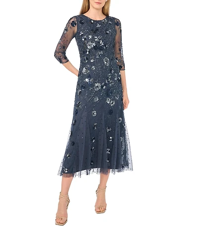Pisarro Nights 3/4 Sleeve Beaded Midi Gown