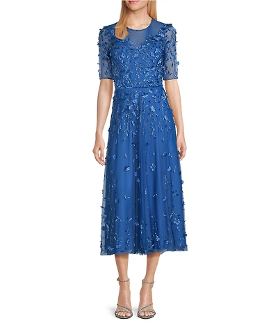 Pisarro Nights 3D Floral Beaded Short Sleeve Illusion Crew Neck Dress