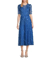 Pisarro Nights 3D Floral Beaded Short Sleeve Illusion Crew Neck Dress