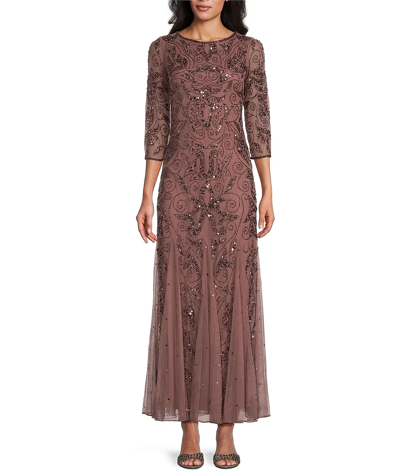 Pisarro Nights Beaded Sequin Boat Neck Illusion 3/4 Sleeve Gown