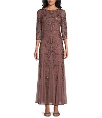 Pisarro Nights Beaded Sequin Boat Neck Illusion 3/4 Sleeve Gown