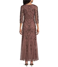Pisarro Nights Beaded Sequin Boat Neck Illusion 3/4 Sleeve Gown