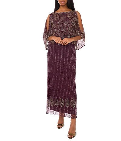 Pisarro Nights Beaded Boat Neck Cold Shoulder Sleeve Blouson Gown