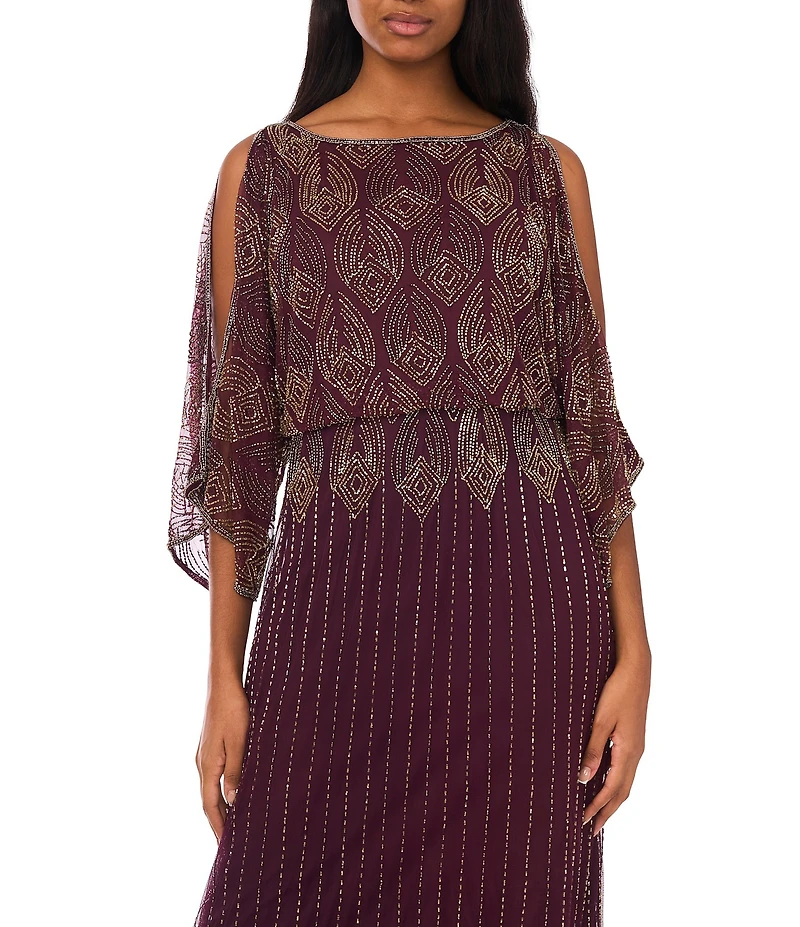 Pisarro Nights Beaded Boat Neck Cold Shoulder Sleeve Blouson Gown