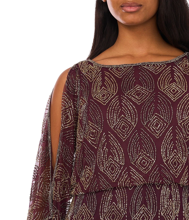 Pisarro Nights Beaded Boat Neck Cold Shoulder Sleeve Blouson Gown