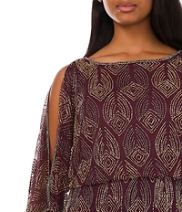 Pisarro Nights Beaded Boat Neck Cold Shoulder Sleeve Blouson Gown