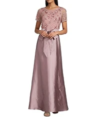 Pisarro Nights Beaded Boat Neck Short Sleeve Taffeta Skirt Ball Gown