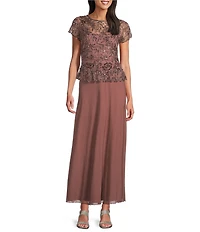 Pisarro Nights Beaded Bodice Illusion Crew Neck Short Sleeve Chiffon Gown