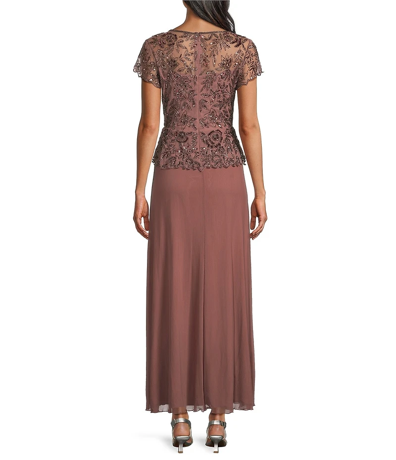 Pisarro Nights Beaded Bodice Illusion Crew Neck Short Sleeve Chiffon Gown