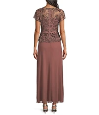 Pisarro Nights Beaded Bodice Illusion Crew Neck Short Sleeve Chiffon Gown
