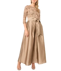 Pisarro Nights Beaded Bodice Illusion Crew Neck 3/4 Sleeve Tie Waist A-Line Gown