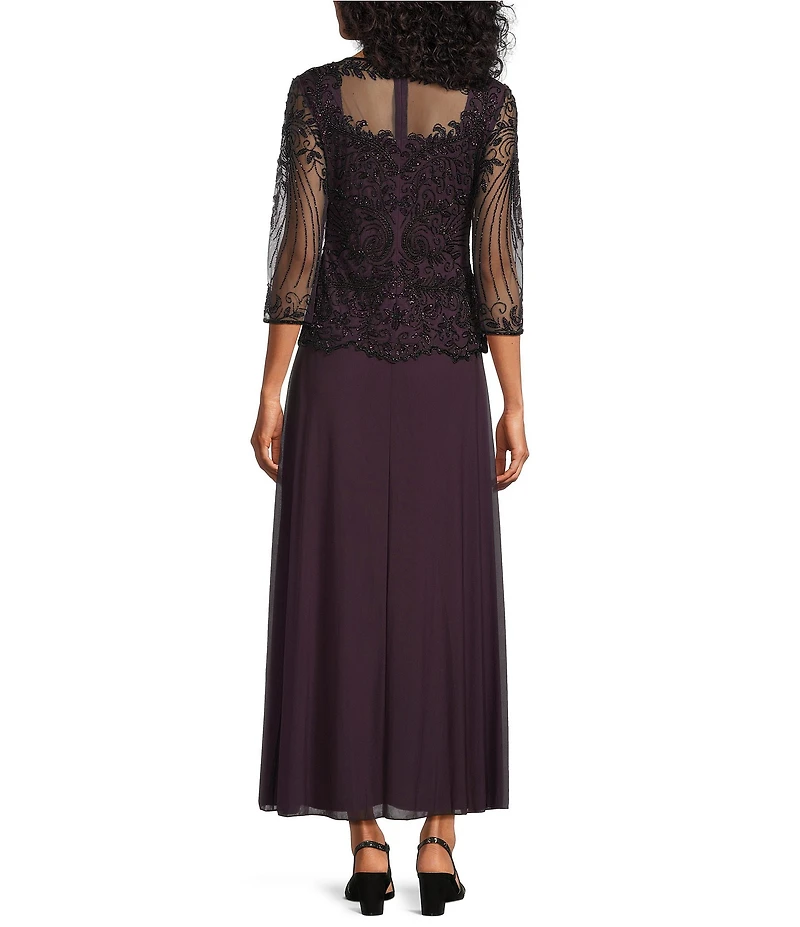 Pisarro Nights Beaded Illusion Boat Neck 3/4 Sleeve A-Line Dress