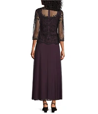Pisarro Nights Beaded Illusion Boat Neck 3/4 Sleeve A-Line Dress