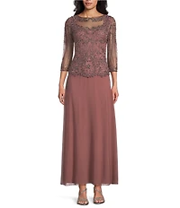 Pisarro Nights Beaded Illusion Boat Neck 3/4 Sleeve A-Line Dress