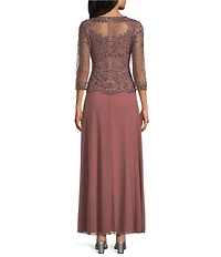 Pisarro Nights Beaded Illusion Boat Neck 3/4 Sleeve A-Line Dress