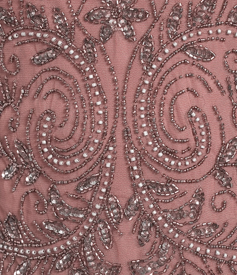 Pisarro Nights Beaded Illusion Boat Neck 3/4 Sleeve A-Line Dress