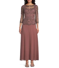 Pisarro Nights Beaded Illusion Boat Neck 3/4 Sleeve A-Line Dress