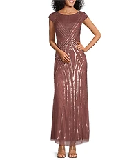 Pisarro Nights Beaded Mesh Boat Neck Cap Sleeve Blouson Gown