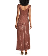 Pisarro Nights Beaded Mesh Boat Neck Cap Sleeve Blouson Gown