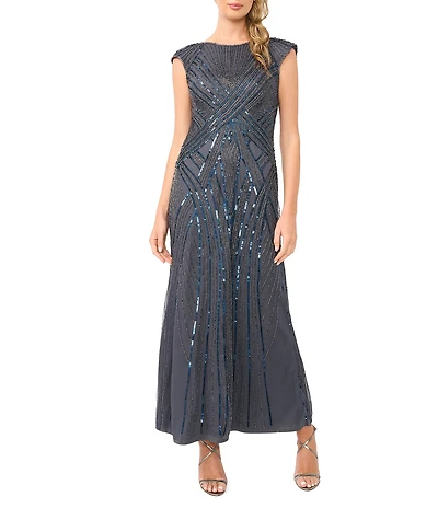 Pisarro Nights Beaded Mesh Boat Neck Cap Sleeve Blouson Gown