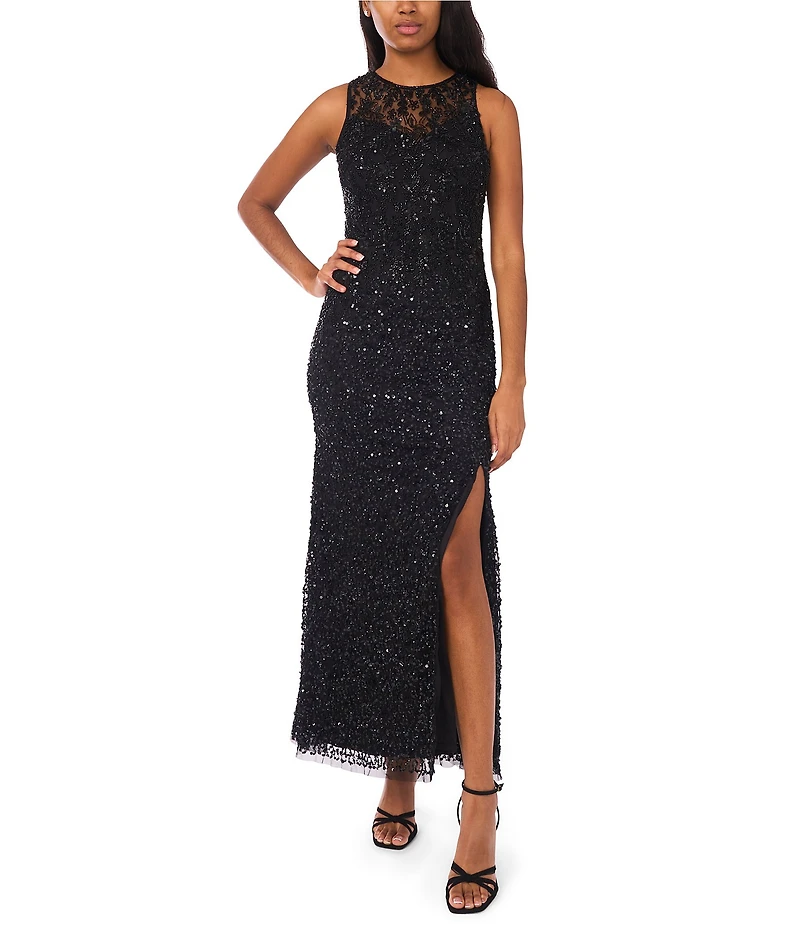 Pisarro Nights Beaded Mesh Crew Illusion Neck Sleeveless Sheath Dress