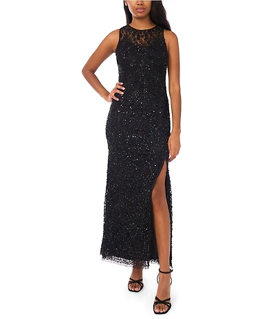 Pisarro Nights Beaded Mesh Crew Illusion Neck Sleeveless Sheath Dress