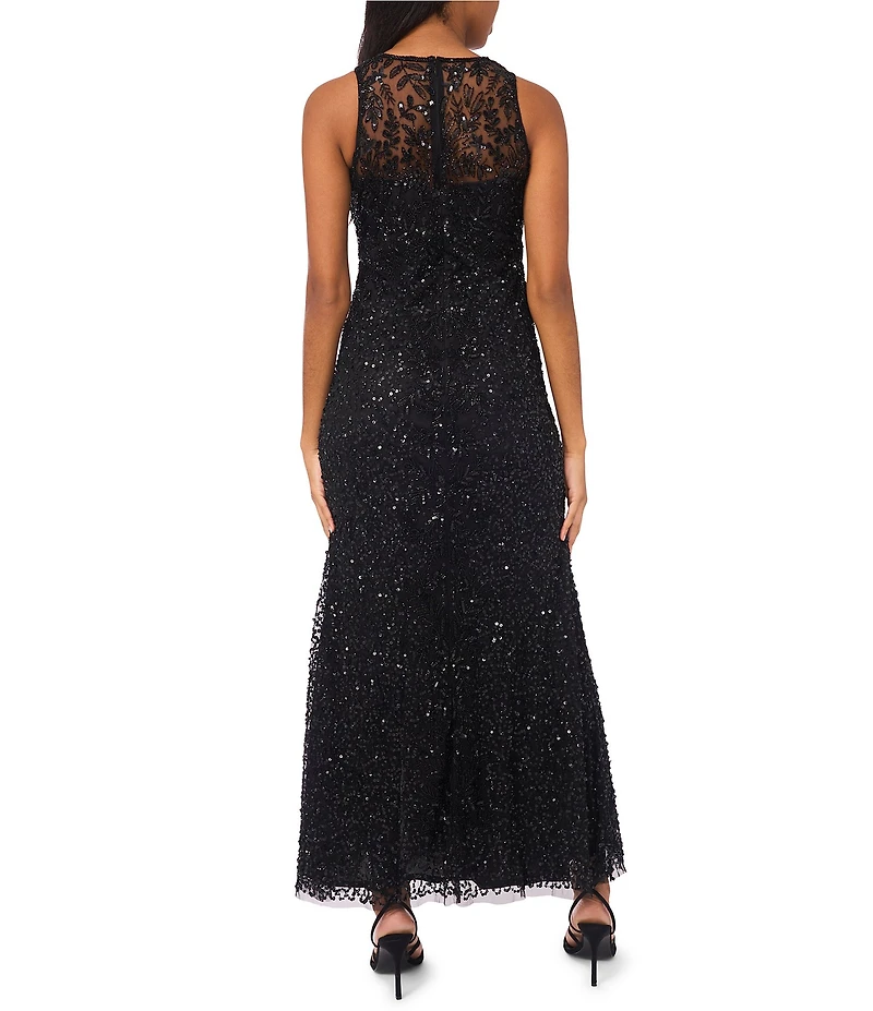 Pisarro Nights Beaded Mesh Crew Illusion Neck Sleeveless Sheath Dress