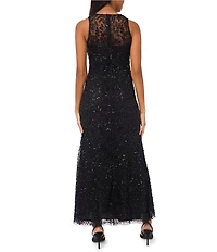 Pisarro Nights Beaded Mesh Crew Illusion Neck Sleeveless Sheath Dress