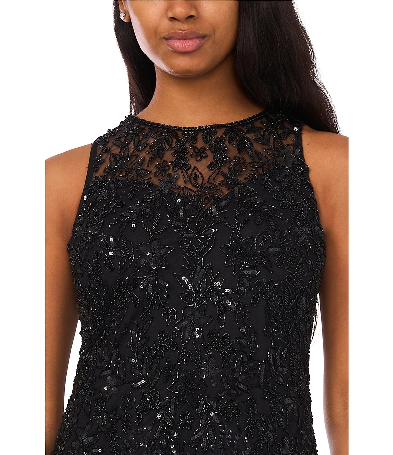 Pisarro Nights Beaded Mesh Crew Illusion Neck Sleeveless Sheath Dress