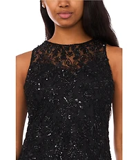 Pisarro Nights Beaded Mesh Crew Illusion Neck Sleeveless Sheath Dress