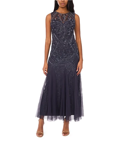 Pisarro Nights Beaded Mesh Crew Illusion Neckline Sleeveless Sheath Dress