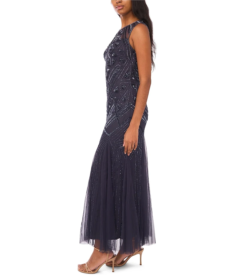 Pisarro Nights Beaded Mesh Crew Illusion Neckline Sleeveless Sheath Dress
