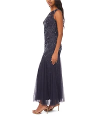 Pisarro Nights Beaded Mesh Crew Illusion Neckline Sleeveless Sheath Dress