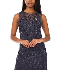 Pisarro Nights Beaded Mesh Crew Illusion Neckline Sleeveless Sheath Dress