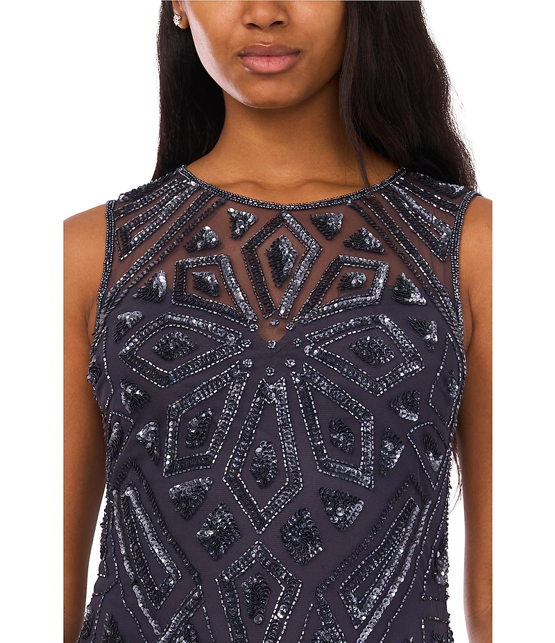 Pisarro Nights Beaded Mesh Crew Illusion Neckline Sleeveless Sheath Dress