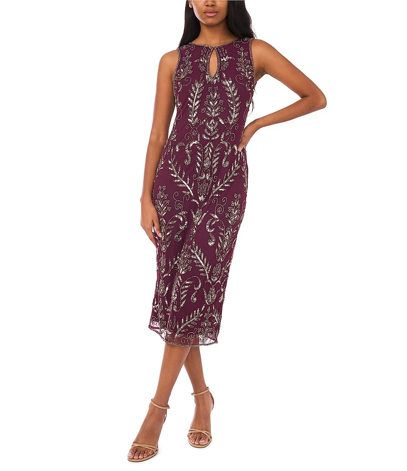 Pisarro Nights Beaded Mesh Crew Keyhole Neckline Sleeveless Sheath Midi Dress