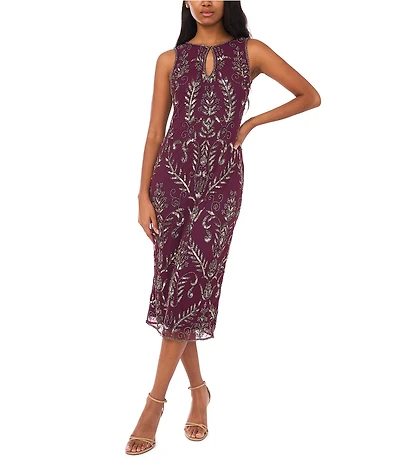 Pisarro Nights Beaded Mesh Crew Keyhole Neckline Sleeveless Sheath Midi Dress