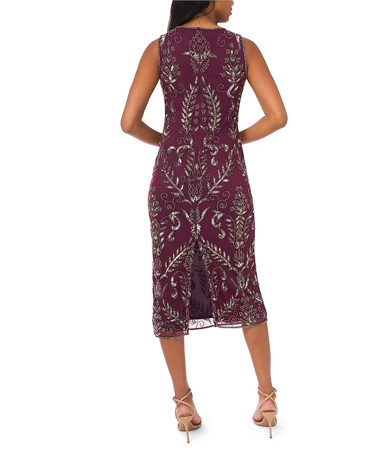 Pisarro Nights Beaded Mesh Crew Keyhole Neckline Sleeveless Sheath Midi Dress