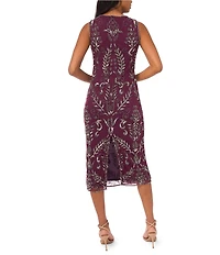 Pisarro Nights Beaded Mesh Crew Keyhole Neckline Sleeveless Sheath Midi Dress