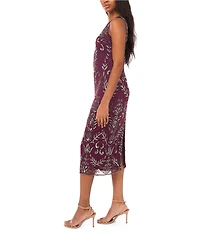 Pisarro Nights Beaded Mesh Crew Keyhole Neckline Sleeveless Sheath Midi Dress
