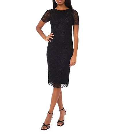 Pisarro Nights Beaded Mesh Crew Neck Cap Sleeve Midi Dress