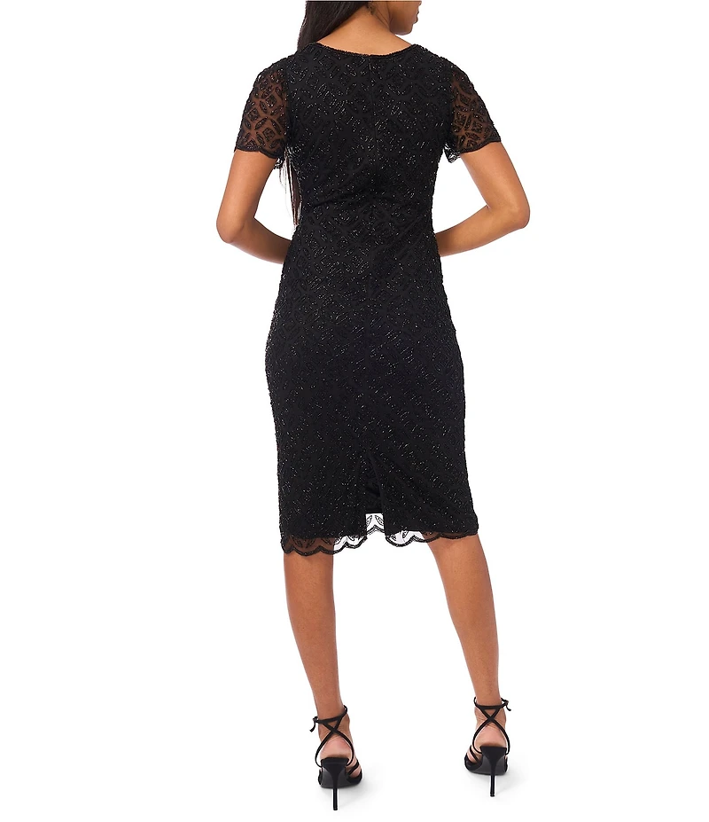 Pisarro Nights Beaded Mesh Crew Neck Cap Sleeve Midi Dress