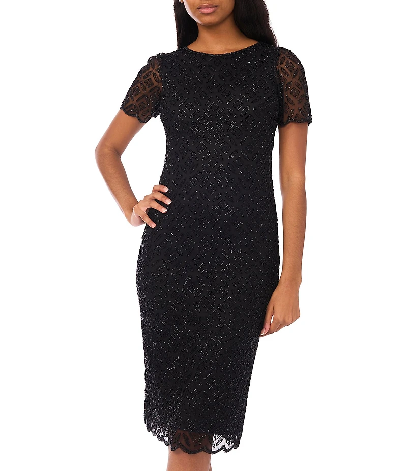 Pisarro Nights Beaded Mesh Crew Neck Cap Sleeve Midi Dress