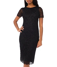 Pisarro Nights Beaded Mesh Crew Neck Cap Sleeve Midi Dress