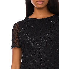 Pisarro Nights Beaded Mesh Crew Neck Cap Sleeve Midi Dress
