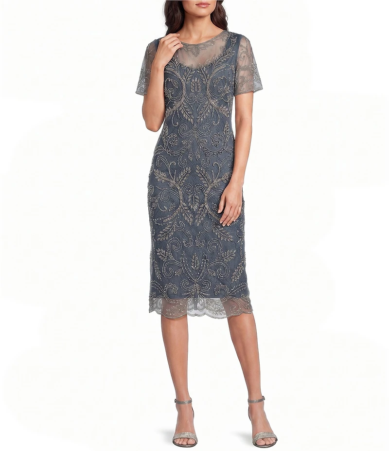Pisarro Nights Beaded Mesh Short Flutter Sleeve Illusion Crew Neck Column Gown