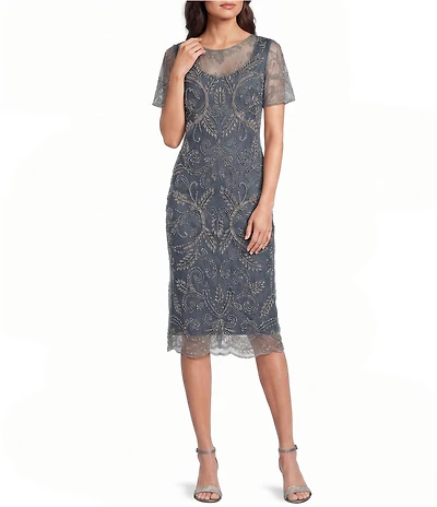 Pisarro Nights Beaded Mesh Short Flutter Sleeve Illusion Crew Neck Column Gown